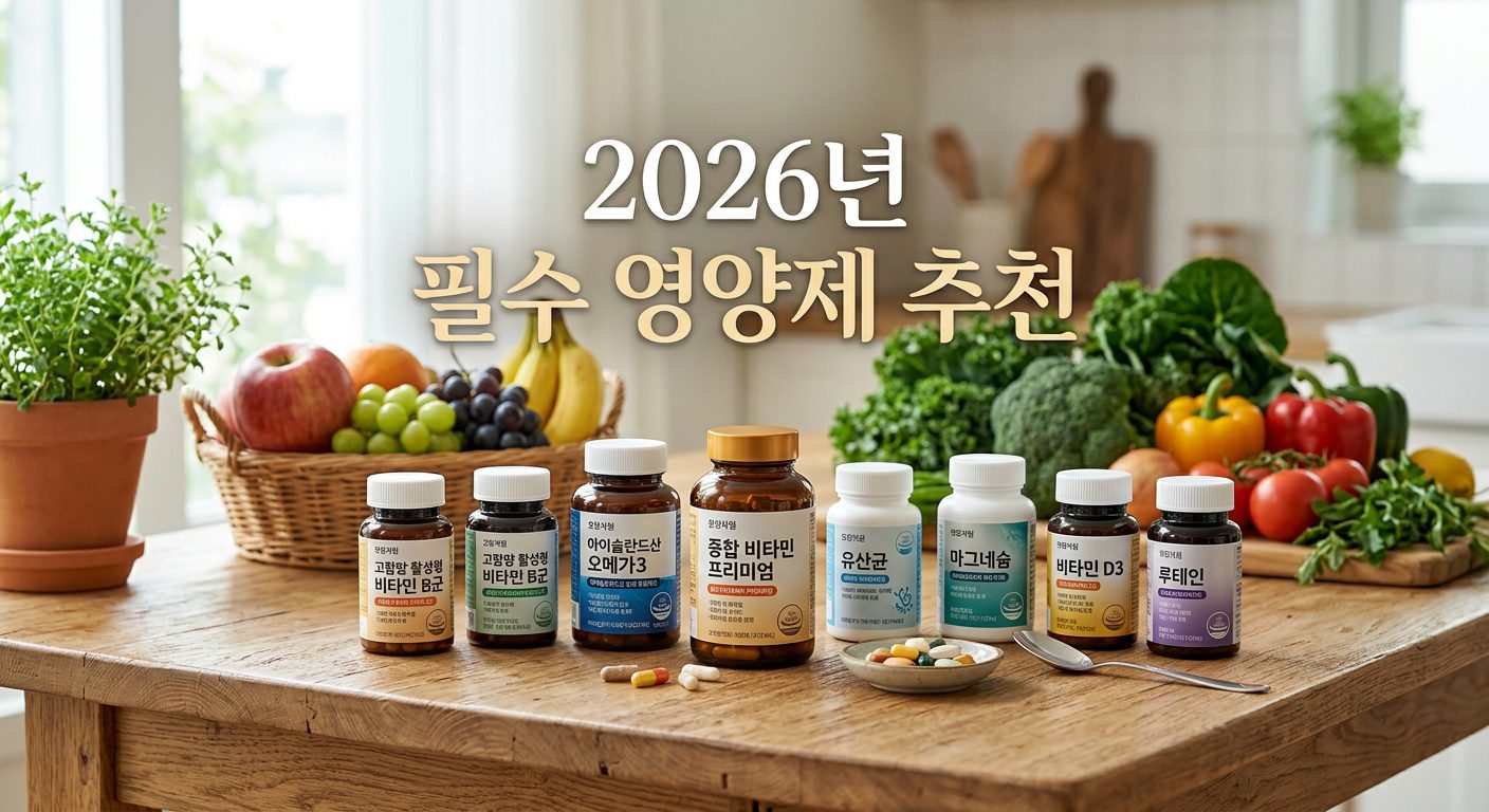 2026년 필수 영양제 추천을 위한 다양한 종류의 영양제와 신선한 식재료들이 함께 놓인 건강한 테이블 모습