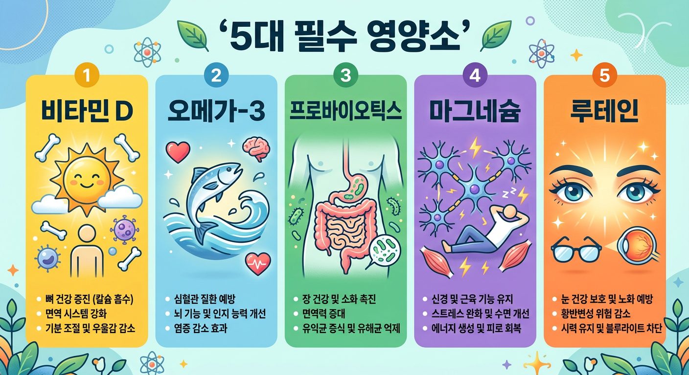 2026년 필수 영양제 5가지의 핵심 효능을 시각적으로 표현한 인포그래픽