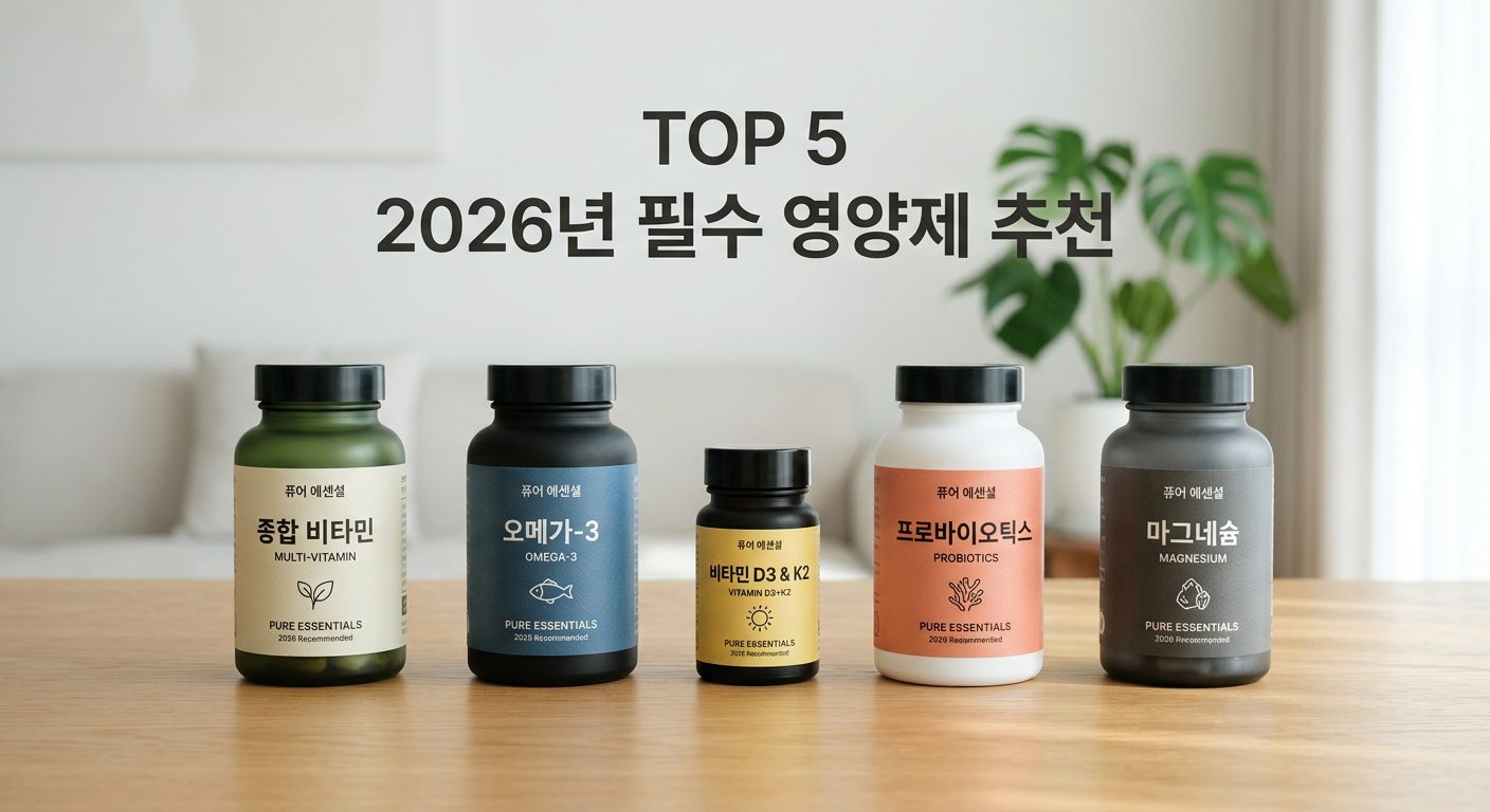 2026년 필수 영양제 추천 제품들을 깔끔하게 진열해 놓은 모습