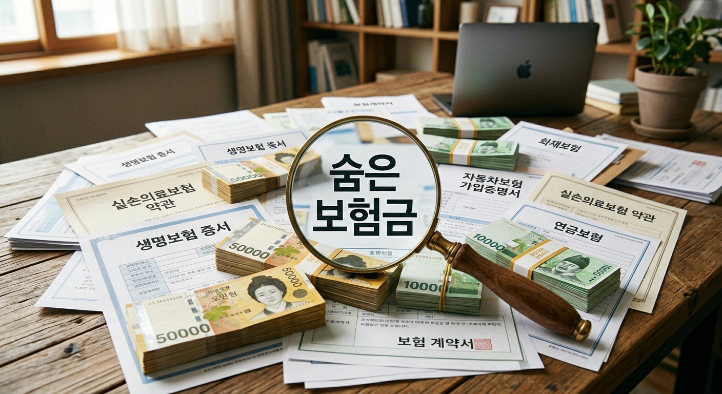 다양한 보험 증서와 돋보기로 숨은 보험금을 찾는 이미지