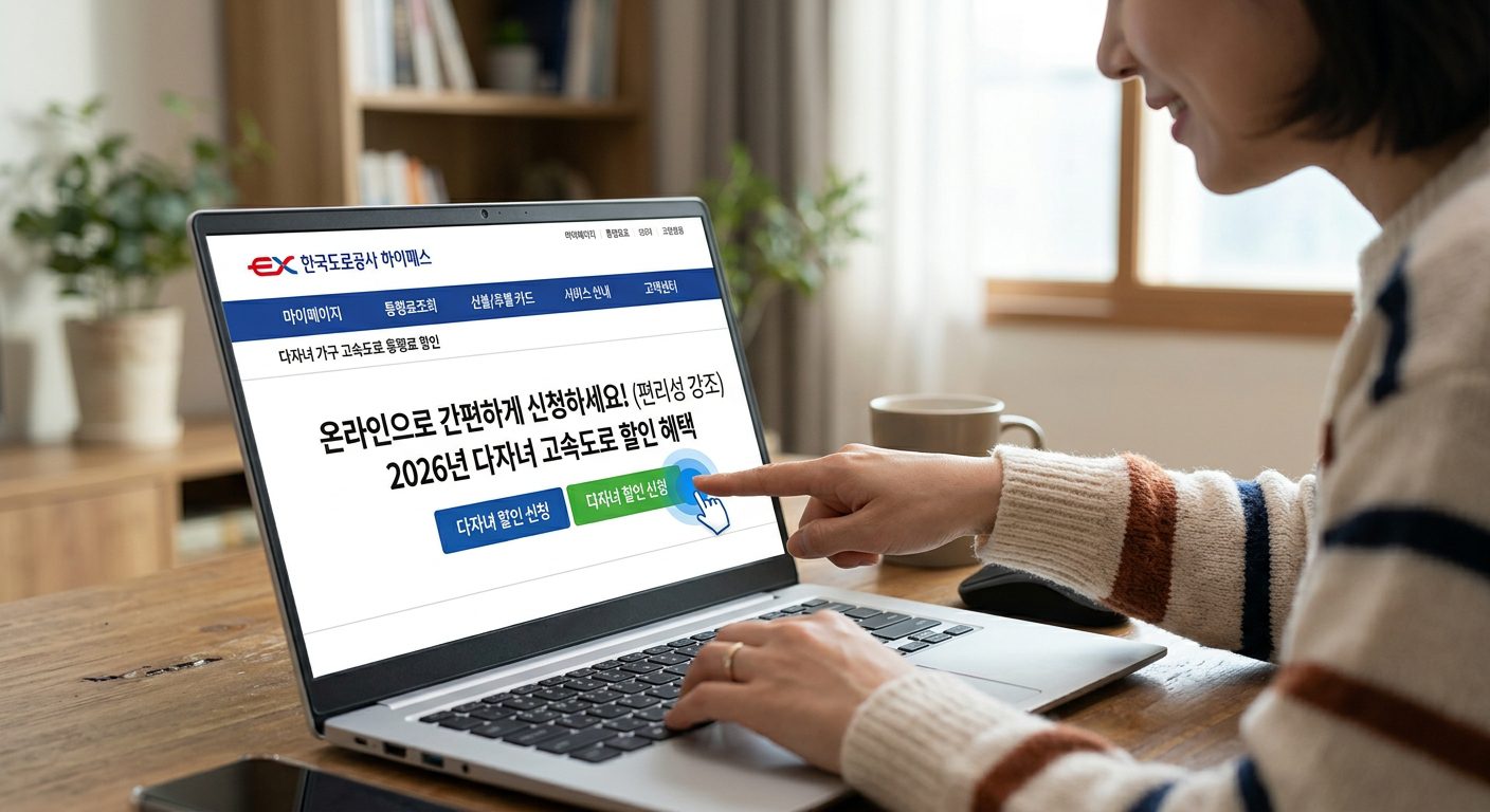 한국도로공사 하이패스 홈페이지에서 다자녀 고속도로 할인 온라인 신청하는 화면