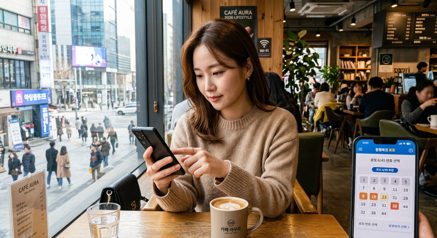 로또 번호를 선택하는 손과 핸드폰 화면 클로즈업
