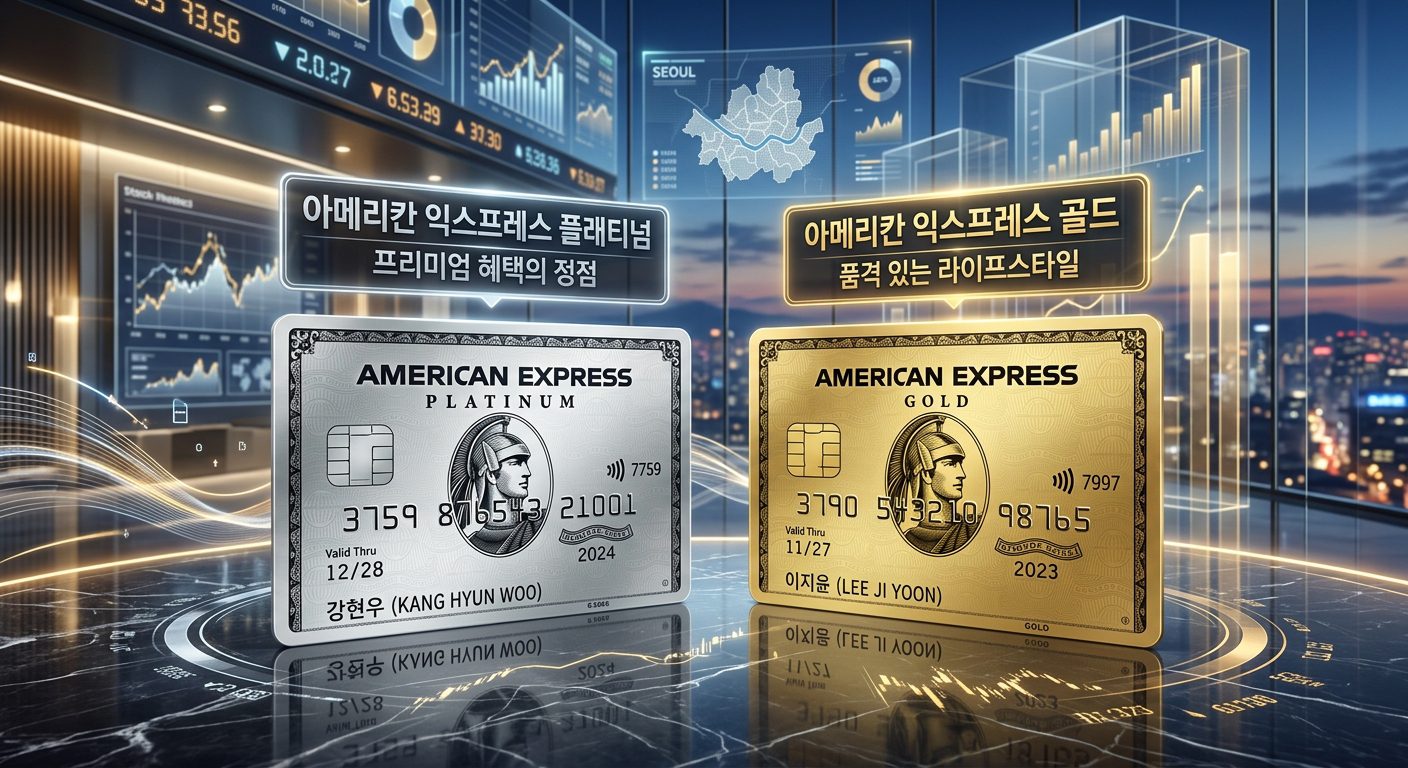 고급 금융 배경에 펼쳐진 아메리칸익스프레스 실물 카드 2종