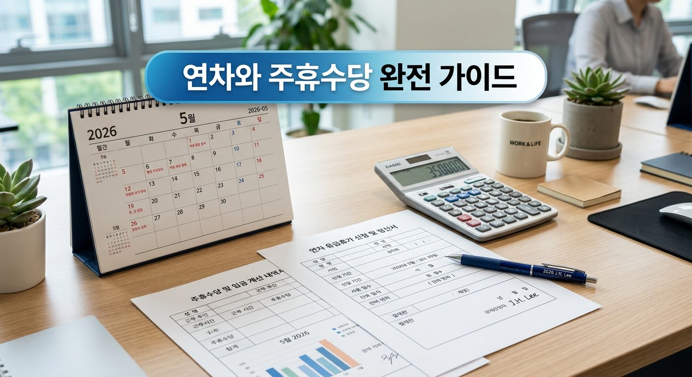 2026년 연차와 주휴수당 완전 가이드: 계산법부터 지급 기준까지 핵심 문서와 계산기가 있는 책상