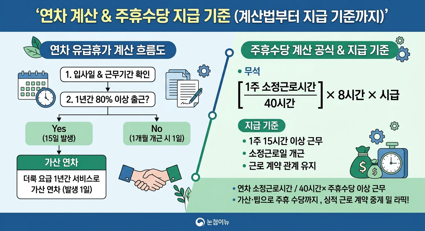 연차와 주휴수당 계산법과 지급 기준을 설명하는 인포그래픽 차트