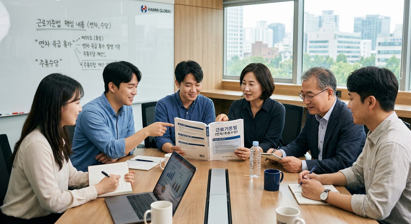 동료들과 함께 연차와 주휴수당에 대해 논의하는 직장인들
