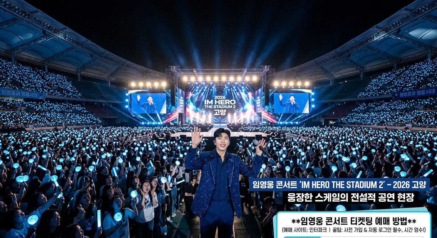 임영웅 콘서트 티켓팅 예매 방법 2026년 임영웅 콘서트 IM HERO THE STADIUM 2 공연 모습, 하늘색 야광봉이 빛나는 객석과 무대 위 임영웅 가수.