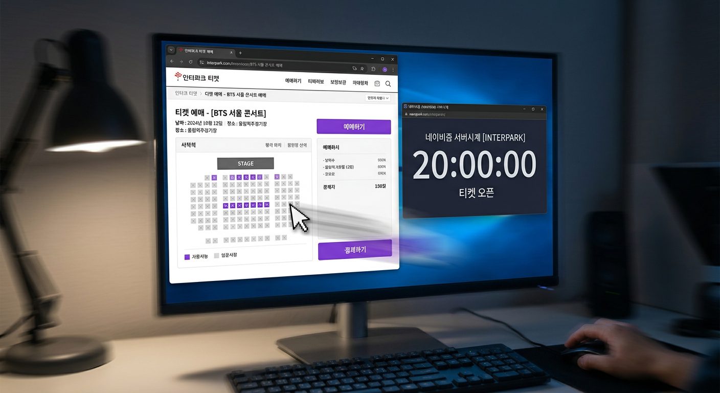 임영웅 콘서트 티켓팅 예매 방법: 네이비즘 서버시계와 인터파크 티켓 예매창이 동시에 열려있는 PC 화면.