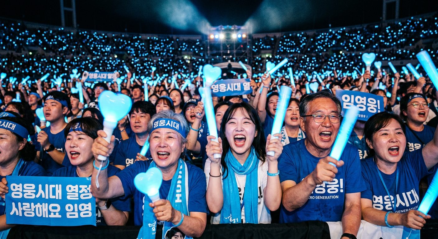 하늘색 응원봉을 들고 임영웅 콘서트를 즐기는 팬들의 행복한 모습. 영웅시대의 열정을 보여준다.