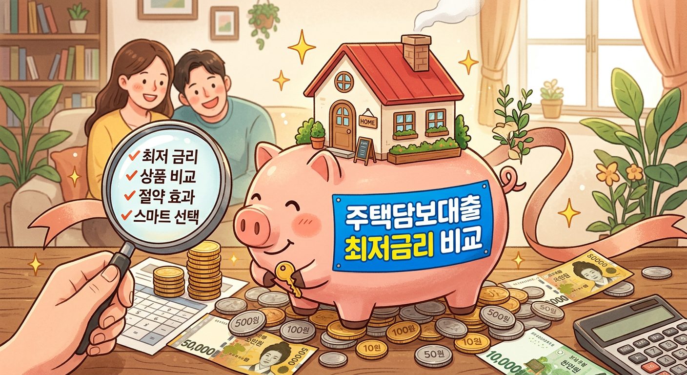 돼지 저금통 위에 집이 놓여 있고 돈을 절약하는 이미지를 상징하는 '주택담보대출 최저금리 비교' 인포그래픽