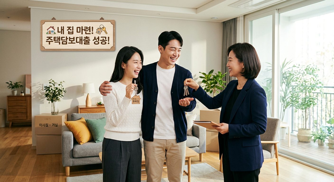 새로운 집 열쇠를 받으며 기뻐하는 커플 이미지