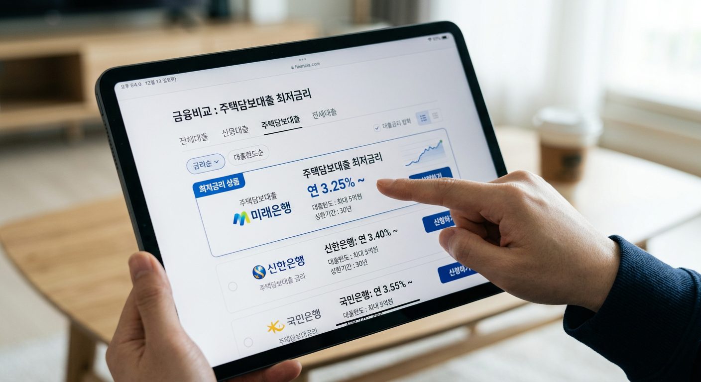 태블릿 화면에서 주택담보대출 최저금리 비교 웹사이트를 확인하는 모습