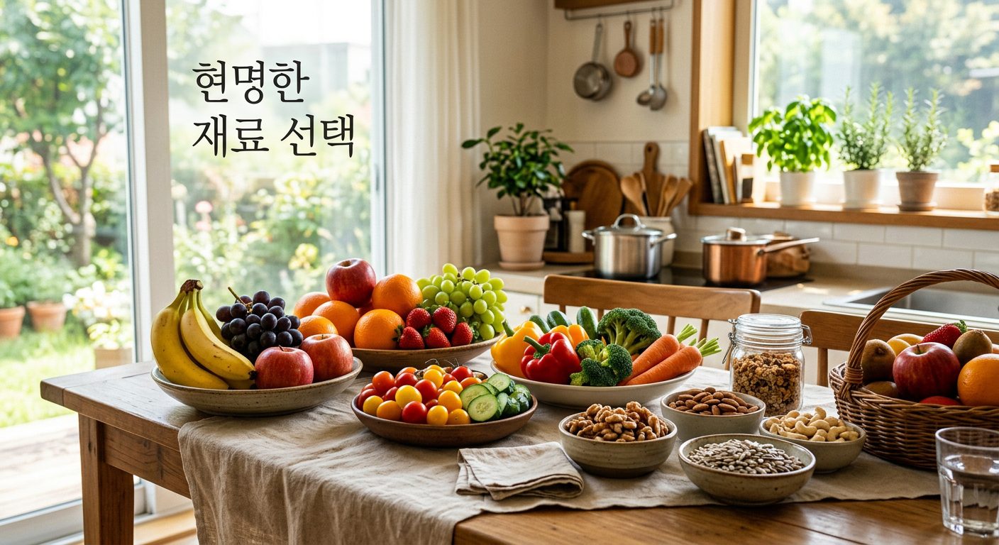 신선한 제철 과일과 채소로 준비된 건강한 간식 재료들