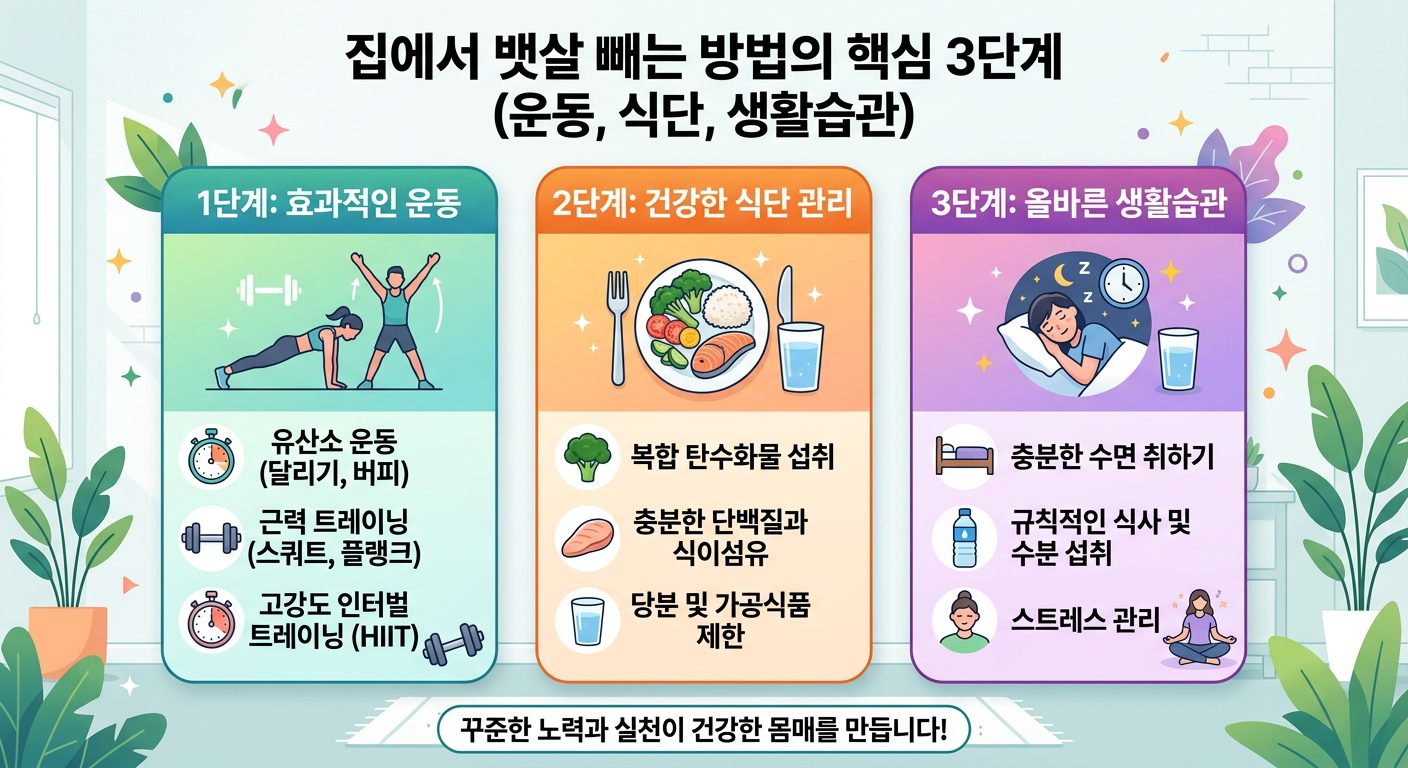 집에서 뱃살뺴는 방법 3단계 요약 인포그래픽