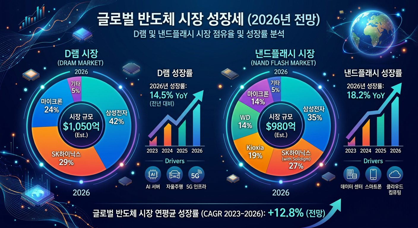 2026년 글로벌 반도체 시장의 D램 및 낸드플래시 성장률 인포그래픽