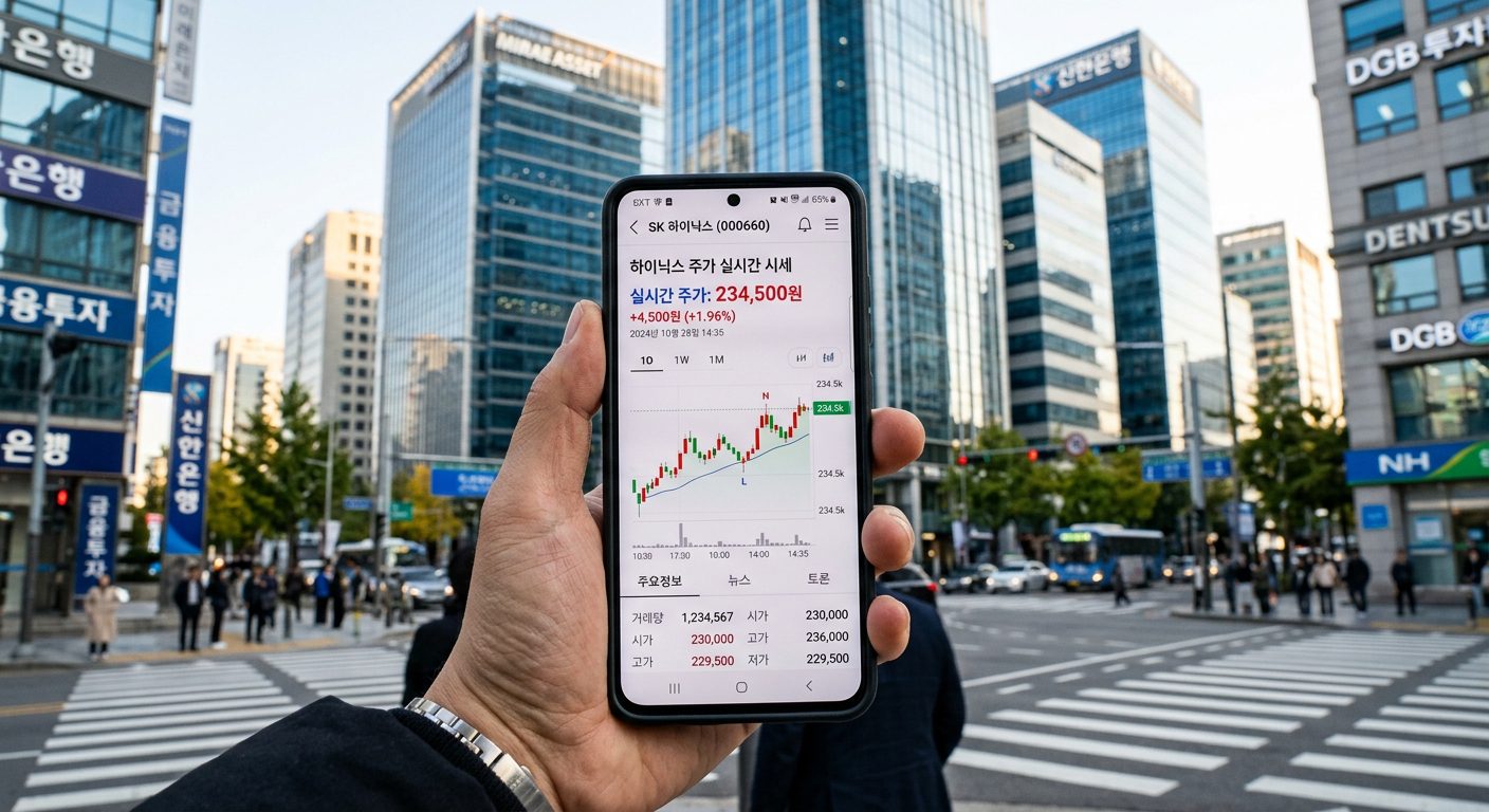 실시간으로 확인하는 SK하이닉스의 하이닉스 주가, 실적 전망 모바일 화면