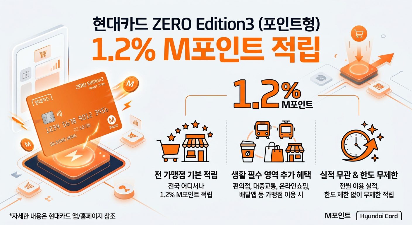 현대카드제로에디션3 1.2% M포인트 무제한 적립 인포그래픽